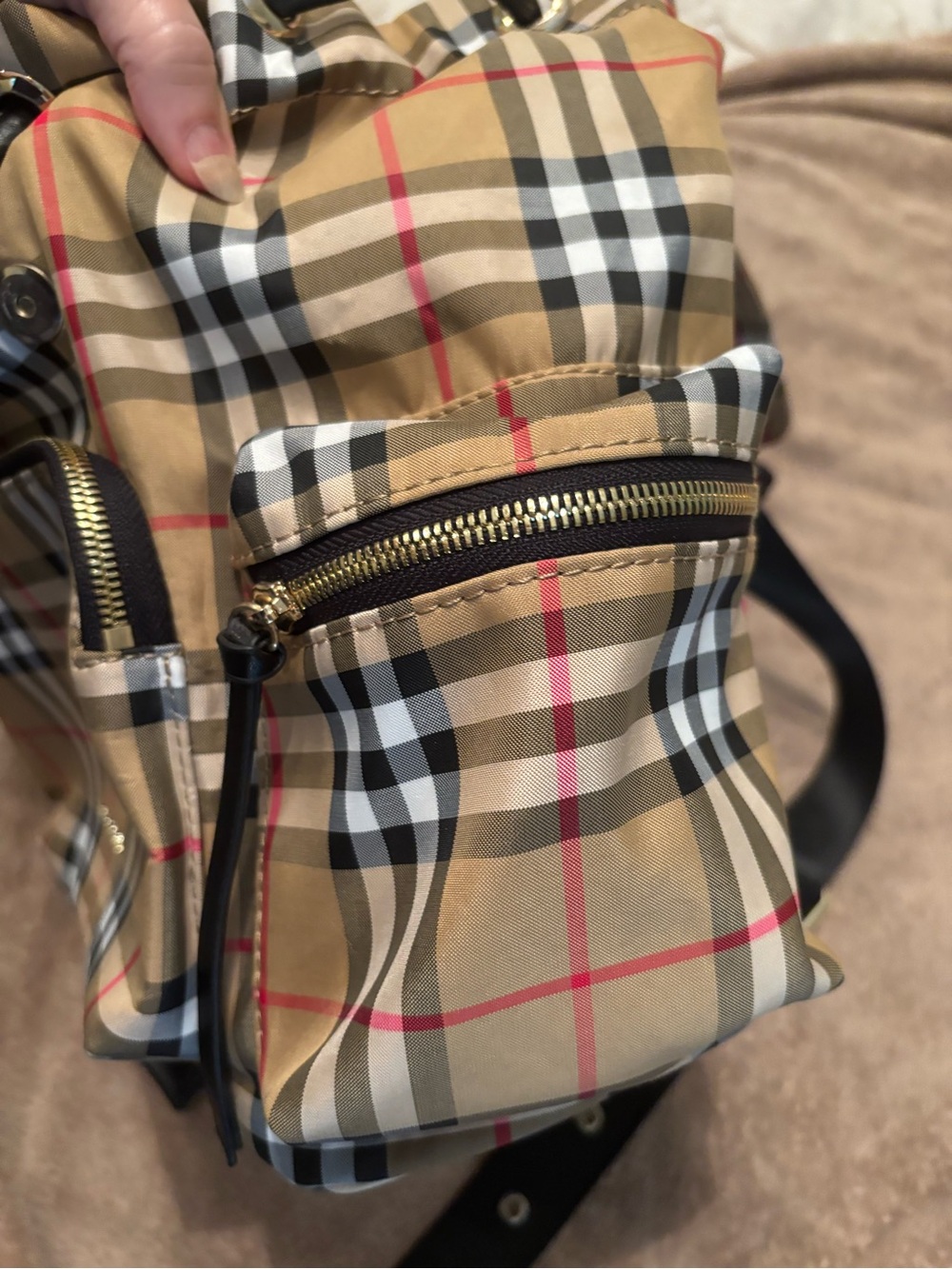 Tan Nova Check Drawstring Backpack with Black Trim - Picture 8 of 10